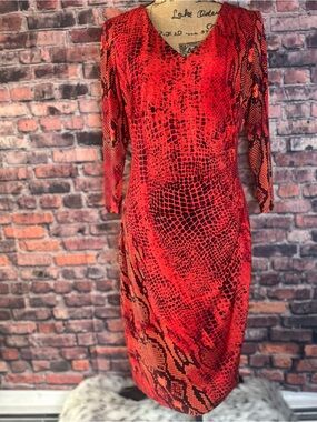 Anne Kline Red/Orange Cobra Snake-Print V-Neck Sheath Dress!